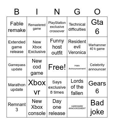 Xbox Showcase Bingo Card
