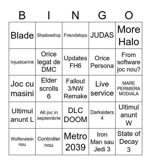 Xbox Showcase Bingo Card