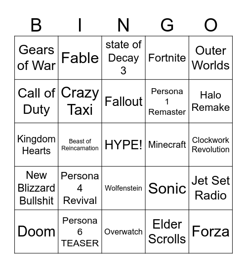 XBOX KINO SHOWCASE Bingo Card