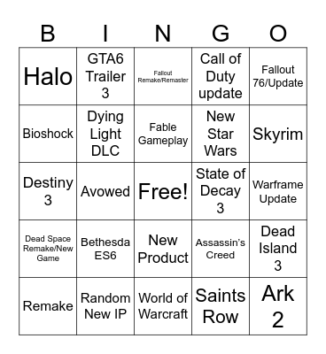 Xbox Showcase Bingo Card