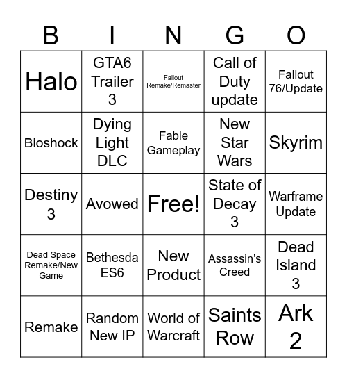 Xbox Showcase Bingo Card