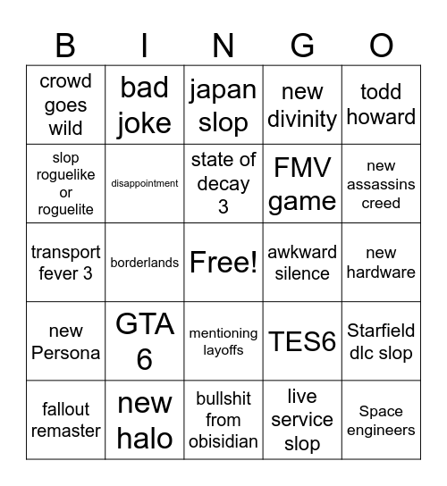 xbox showcase Bingo Card