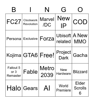 Xbox Showcase Bingo Card