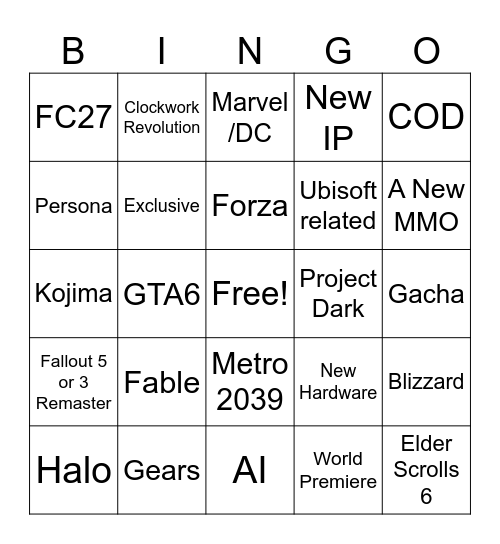 Xbox Showcase Bingo Card