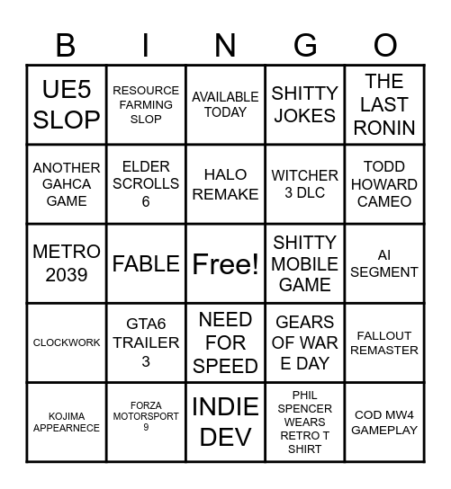 X BOX GAMES SHOWM Bingo Card