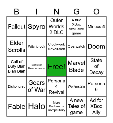 Xbox Showcase Bingo Card