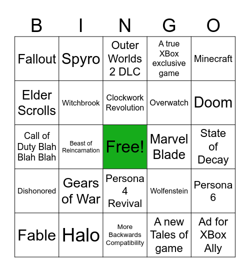 Xbox Showcase Bingo Card