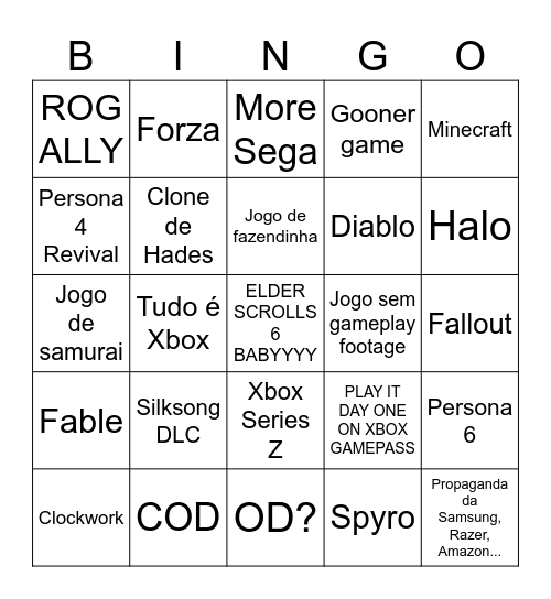 XBOX SHOWCASE Bingo Card