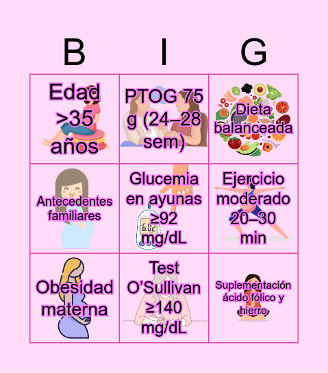 Diabetes Gestacional Bingo Card