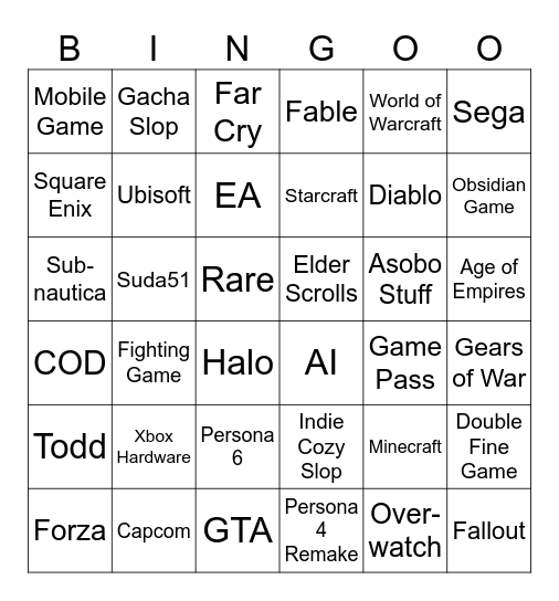 Official Sexbox Goon-Along Bingo Card