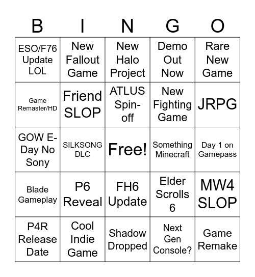 XBOX SHOWCASE 2026 Bingo Card