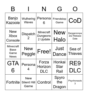 Xbox Showcase Bingo Card