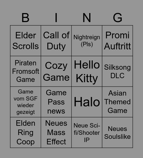 Xbox Showcase Bingo Card