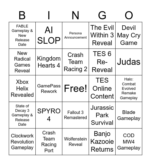 Xbox Games Showcase Bingo Card