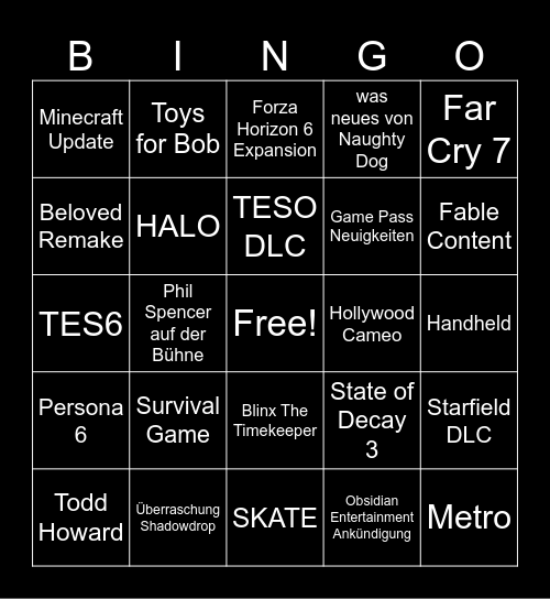 XBOX Bingo Card