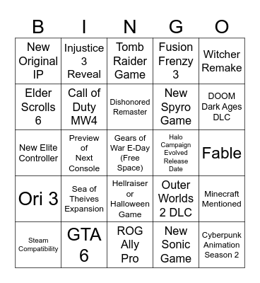 Xbox Showcase Bingo Card