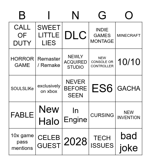 XBOX GAME SHOWCASE Bingo Card