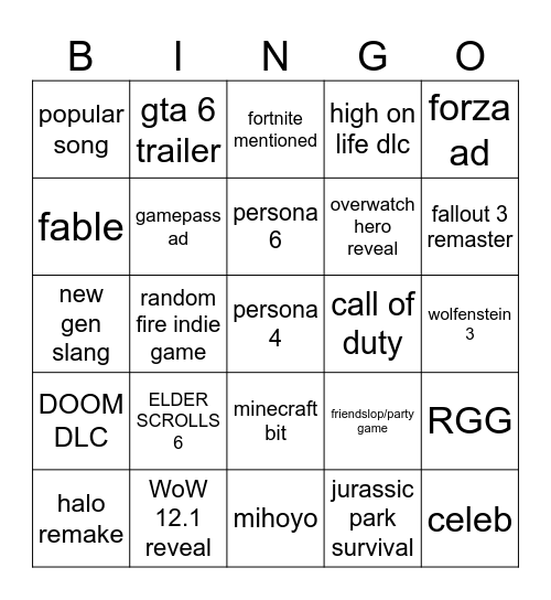 XBOX SHOWCASE BAOT Bingo Card