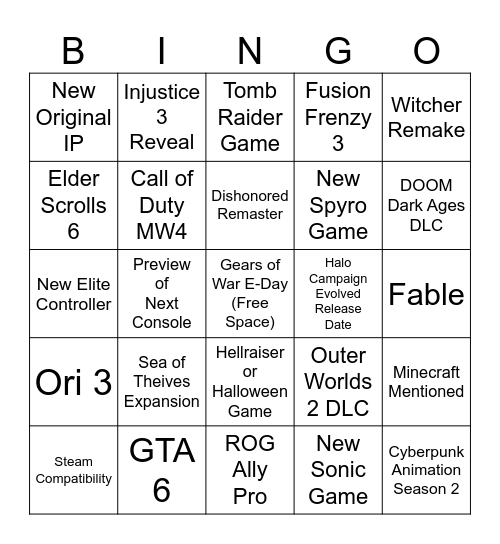 Xbox Showcase Bingo Card