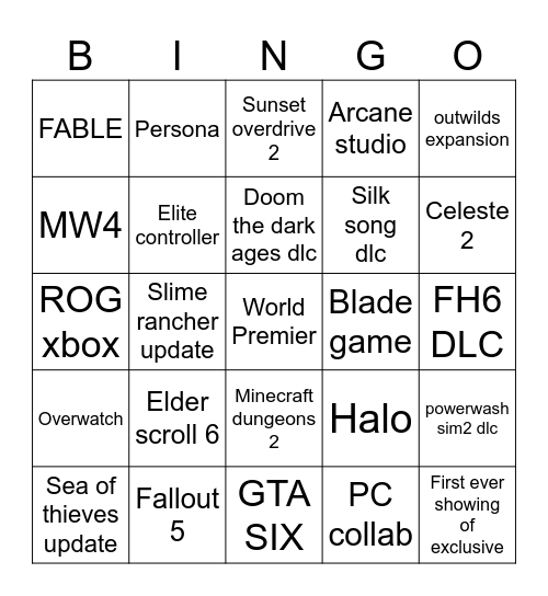 Xbox game show Bingo Card