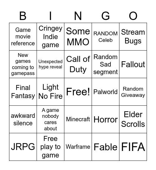 Xbox Game Showcase Bingo Card
