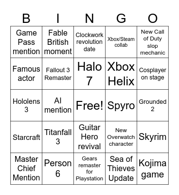 Xbox Showcase Bingo Card