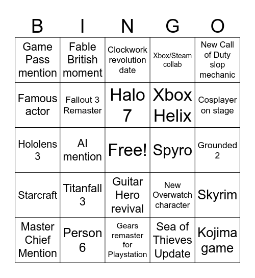 Xbox Showcase Bingo Card