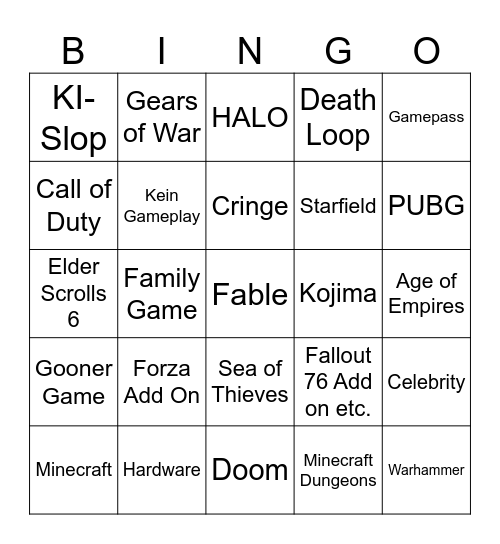 XBOX Showcase Bingo Card