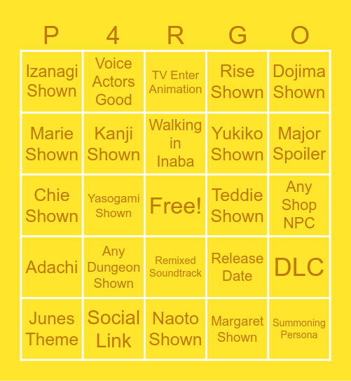 Xbox Showcase but P4R Bingo Card