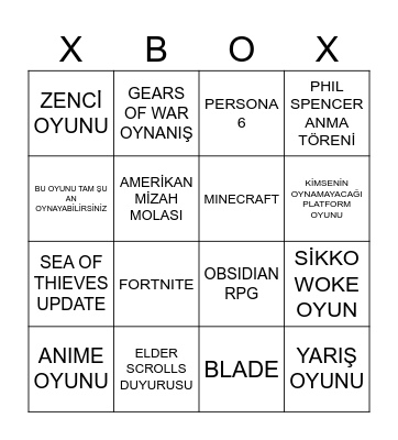 XBOX SUNUMU Bingo Card
