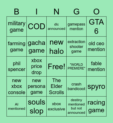 xbox games showcase Bingo Card