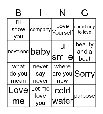 ג'סטין ביבר Bingo Card