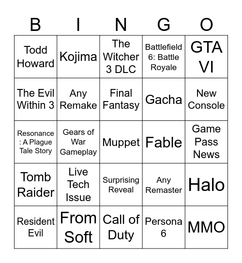 Xbox Showcase 2026 Bingo Card