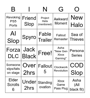 XBOX Showcase Bingo Card