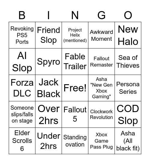 XBOX Showcase Bingo Card