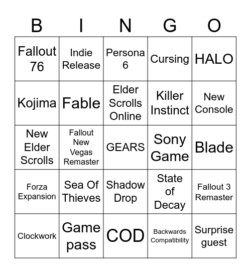 Xbox Showcase Bingo Card