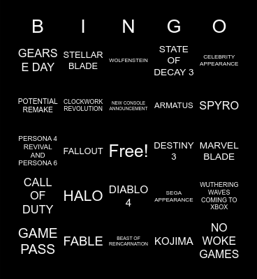 XBOX SHOWCASE Bingo Card
