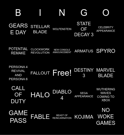 XBOX SHOWCASE Bingo Card