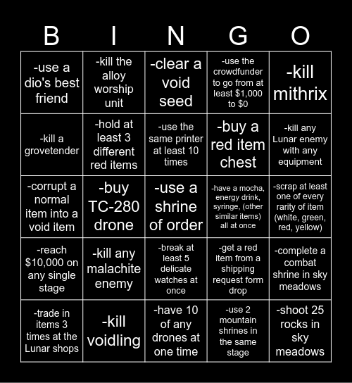 Risk of Rain 2 Bingo Card