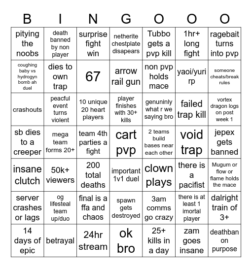 Lifesteal Bingo Card