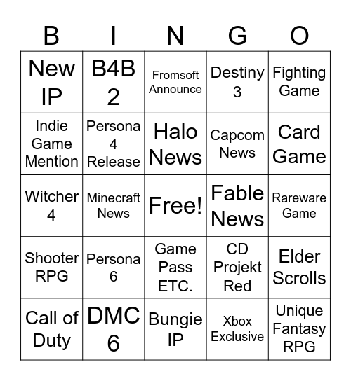 Xbox Bingo Card