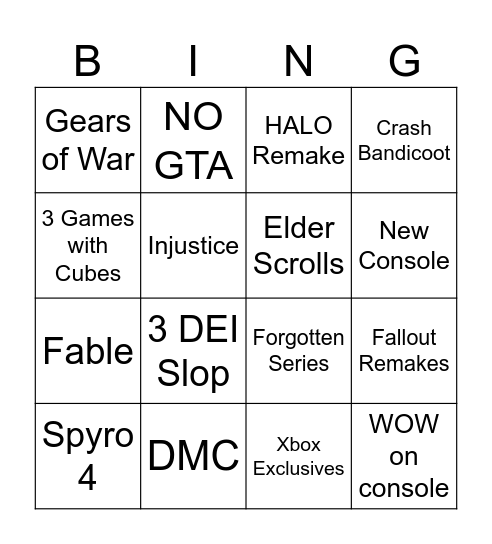 Xbox Games Showcase Bingo Card
