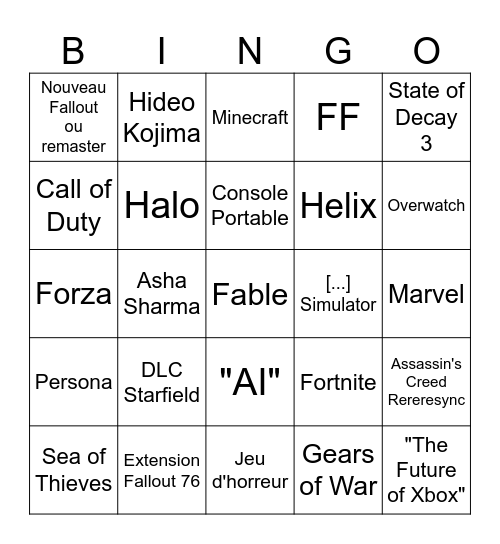 Xbox Game Showcase Bingo Card