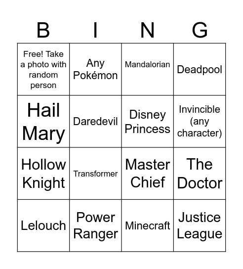 Cosplay Bing Bingo Card
