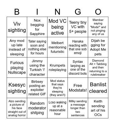 Saucefy's Complex Moderator Bingo Card