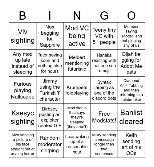 Saucefy's Complex Moderator Bingo Card