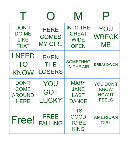 Tom Petty Bingo Card