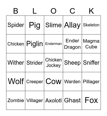 Minecraft Bingo Card