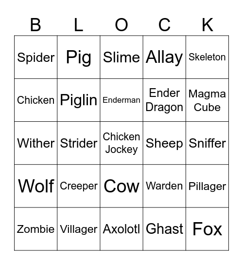 Minecraft Bingo Card
