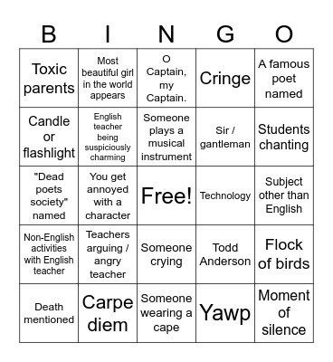 Dead Poets Society Bingo Card